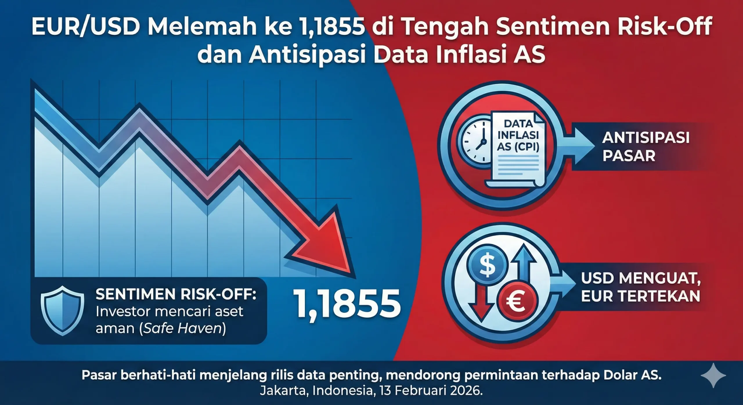 EUR/USD Melemah ke 1,1855 di Tengah Sentimen Risk-Off dan Antisipasi Data Inflasi AS