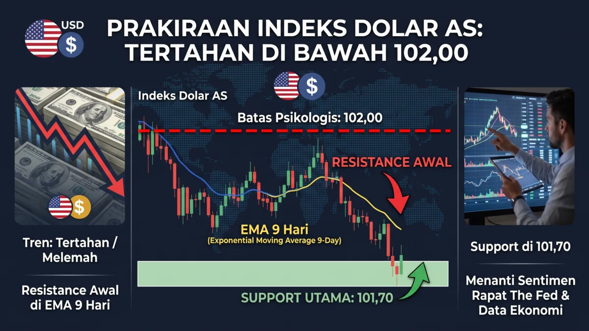 Prakiraan Indeks Dolar AS: Tertahan di Bawah 102,00, Resistance Awal di EMA 9 Hari dan Support di 101,70