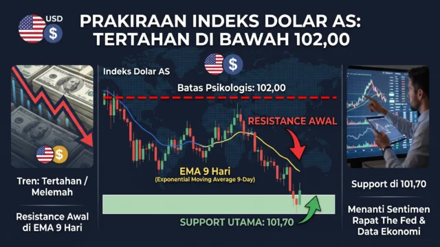 Prakiraan Indeks Dolar AS: Tertahan di Bawah 102,00, Resistance Awal di EMA 9 Hari dan Support di 101,70