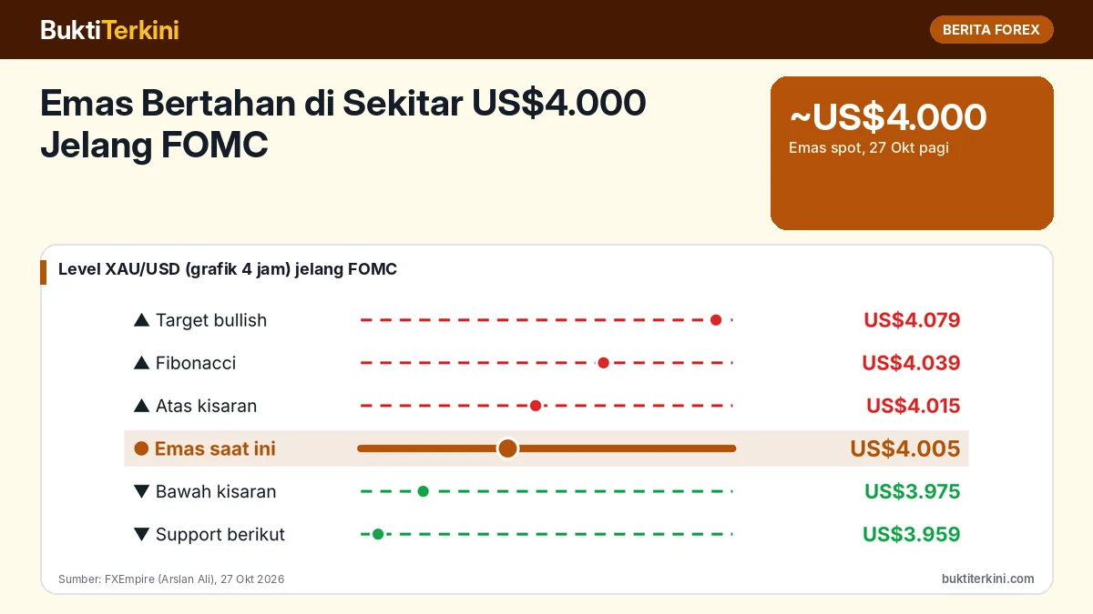Emas Bertahan di Sekitar US$4.000 Jelang FOMC: Bergerak Menyamping di US$3.975–4.015, Peluang Kenaikan Bunga Desember 73%