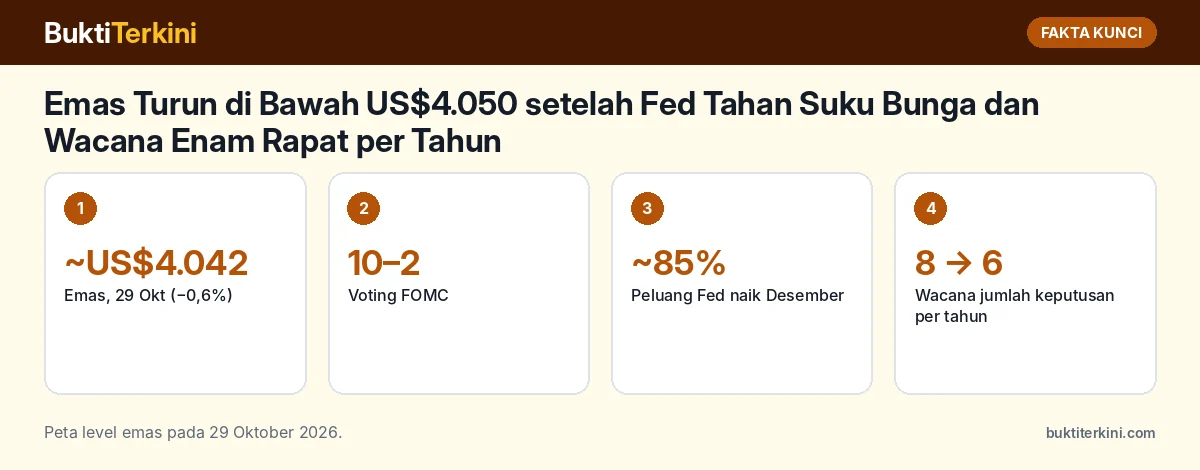 Fakta kunci: Emas Turun di Bawah US$4.050 setelah Fed Tahan Suku Bunga dan Wacana Enam Rapat per Tahun