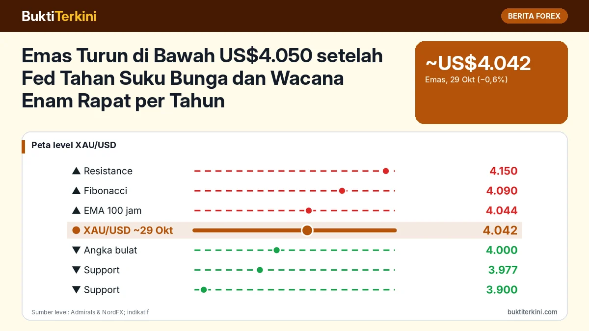 Emas Turun di Bawah US$4.050 setelah Fed Tahan Suku Bunga dan Wacana Enam Rapat per Tahun